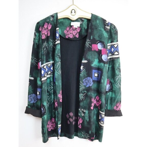 VINTAGE 90S WOMEN'S FLORAL PRINT JACKET BLOUSE - PERIWINKLE - SIZE 14 - Picture 1 of 4